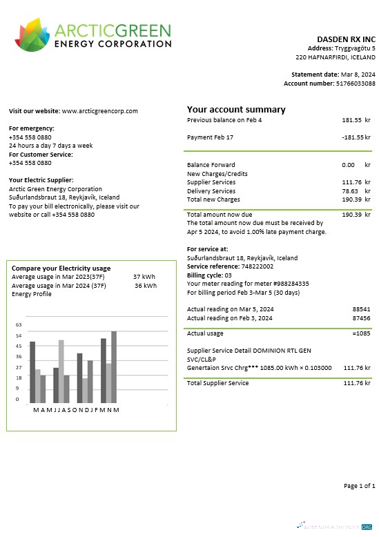 Iceland Arctic Green Energy Corporation electricity business utility bill template in Word and PDF